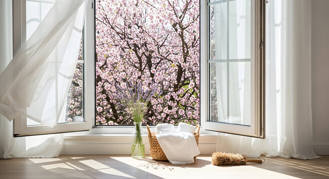 Soft natural light fills a room with a vase and basket near an open window overlooking beautiful cherry blossoms outside in spring