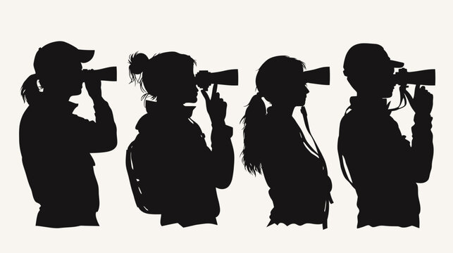 Silhouetted figures in profile, holding binoculars, suggesting observation or research