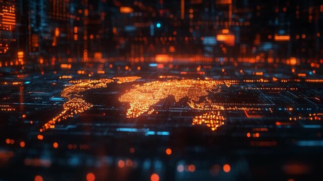 Global Network of Digital Innovation: An illuminated digital representation of the world map pulsates with interconnected data streams.