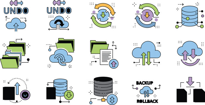 Cloud storage and backup icons set with upload download sync database rollback and file management technology concepts