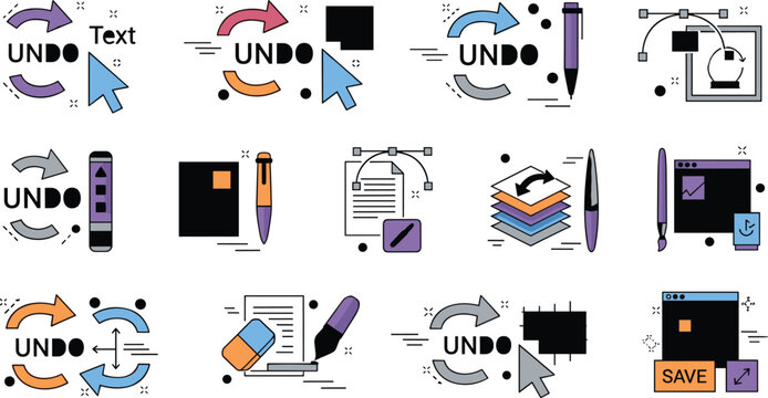 Text editing and undo redo icons set with cursor tools document save interface elements and digital editing workflow concepts