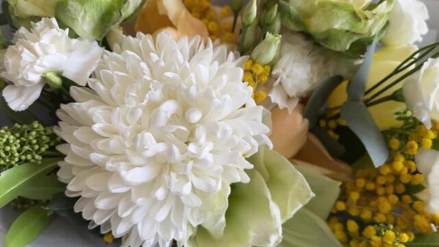 White Chrysanthemum Carnation Green Eustoma Mimosa Bouquet
