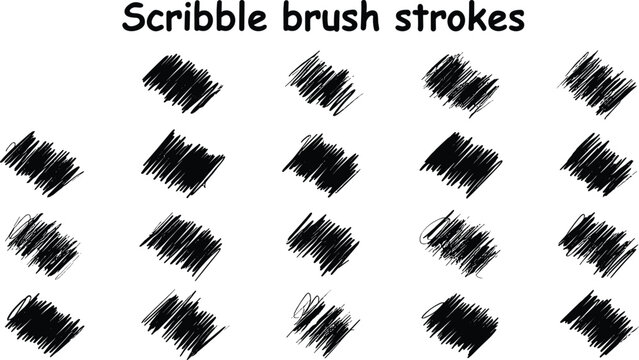 Scribble brush strokes set with hand drawn black textures isolated on white background, abstract grunge vector illustration for design, art, and creative projects