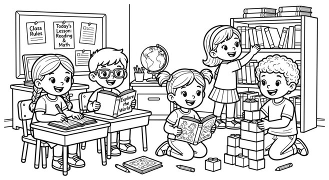 Children in classroom learning reading writing and playing with blocks.