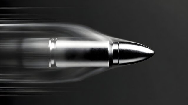 Silver bullet flying with high speed motion blur. Ballistics technology and kinetic energy. Metallic ammunition projectile moving through the air on a black background