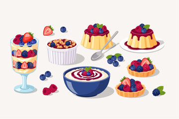 Collection of berry desserts, fruit tarts, and layered panna cotta with fresh forest fruits. © Akasha Design