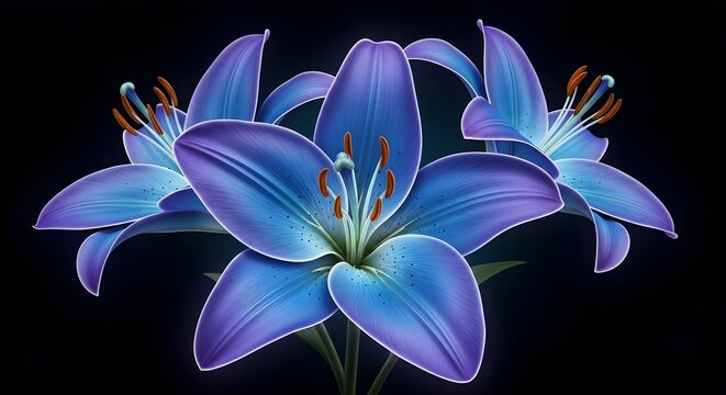 Group of vibrant blue lilies with orange anthers on a black background. Floral elegance and botanical art. Beautiful exotic blossoms shining with soft light in a dark space