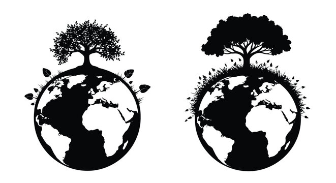 Two globes featuring trees and foliage a striking silhouette