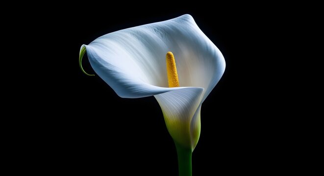 Elegant white calla lily flower on a black background. Minimalist floral beauty and wedding grace concept. Single lily bloom showing delicate texture and yellow spadix