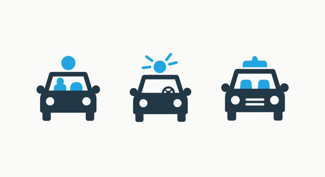 Emergency vehicle and police car icons depicting law enforcement, public safety, and rapid response transportation services
