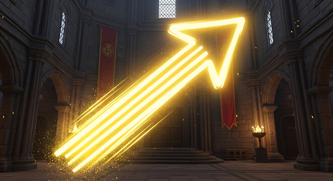 Glowing yellow arrow ascending in a grand hall, symbolizing ambition and success in a classical setting
