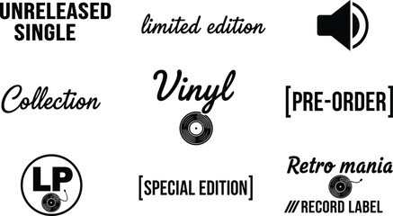 Vinyl record typography set with retro music labels, unreleased single, limited edition, pre order badges, black vector illustration for audio branding and design © Arman's World