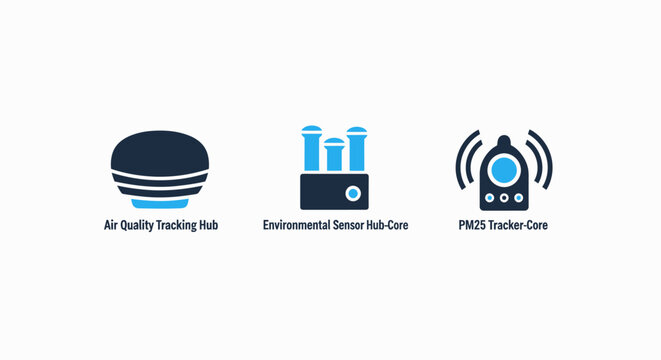Air quality tracking pod, environmental sensor unit, and pst tracker unit icons for iot smart device monitoring