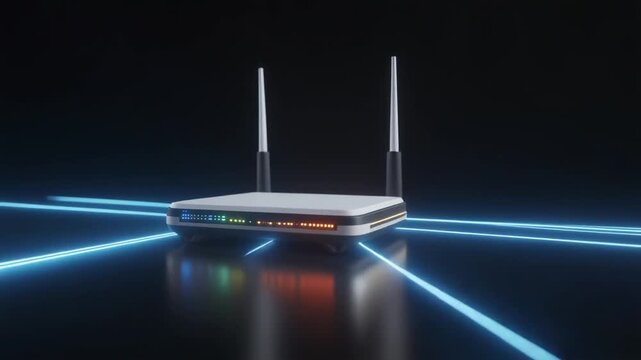 Modern Wireless WiFi Router Emitting Blue Digital Data Rays