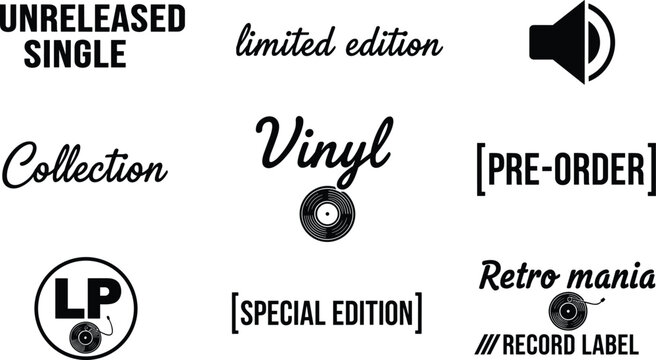 Vinyl record typography set with retro music labels, unreleased single, limited edition, pre order badges, black vector illustration for audio branding and design