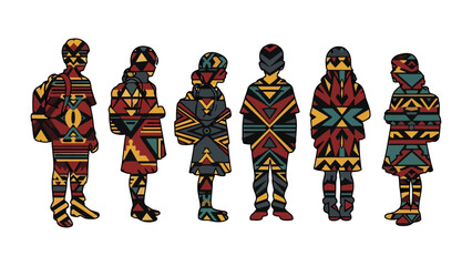 Artistic Ethnic Group Illustration: Six figures, rendered in a striking patterned design reminiscent of ancient tribal motifs, evoke a sense of heritage and cultural identity. The artwork. © MahfujaSultana