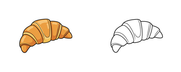 Cartoon French croissant pastry in color and black line art styles showing fresh baked buttery crescent roll for bakery design on white background © Dzianis