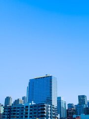 Fototapeta premium City buildings rise towards a clear blue sky during daytime in an urban area with modern architecture and sunny weather