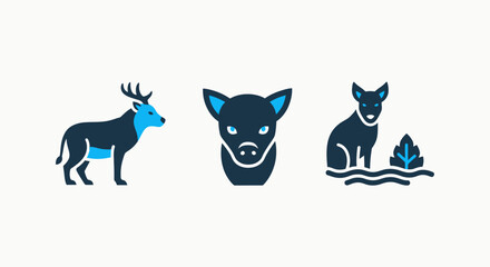 Obraz premium Nature and wildlife icon set featuring reindeer with antlers fox face profile and small wild animal in natural habitat environment with plant and water