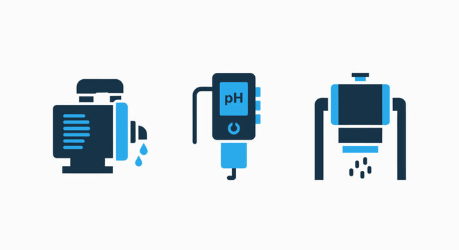 Industrial fluid management icons showing electric water pump ph meter monitoring device and filtration unit for chemical engineering and environmental science