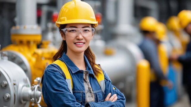 Female Engineer at Work: An Asian female engineer in a protective yellow hard hat and safety glasses, radiating confidence as she oversees industrial machinery.