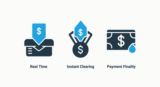 Real time instant clearing and payment finality financial service icons for digital banking and electronic transaction processing for commercial business and investment markets