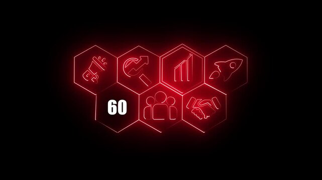 Glowing neon sign text 60 concept button on a futuristic computer screen display with hexagon shapes and black background . 