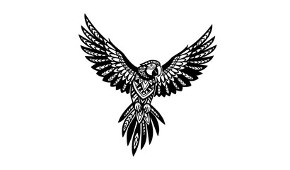 Fototapeta premium Black and white tribal parrot vector in flying pose with geometric ornamental patterns