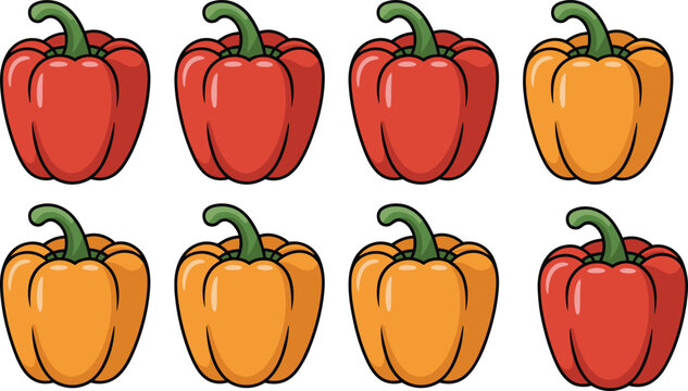 Bell pepper vector illustration set with red and yellow capsicum vegetables, fresh organic food icons isolated for cooking, healthy diet, grocery and farm produce design