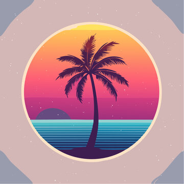 Coucher de soleil tropical r&eacute;tro avec palmier