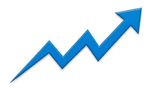 Blue arrow graph showing upward trend and growth, symbolizing business success, financial progress, and positive performance on a white background, arrow shape