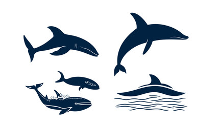 Obraz premium Silhouettes of marine mammals, including dolphins and whales, in a stylized graphic