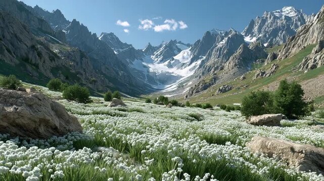 Alpine Oasis: Majestic snow-capped mountains cradle a lush, wildflower-filled meadow under a clear, azure sky, creating a scene of unparalleled natural beauty and serenity.