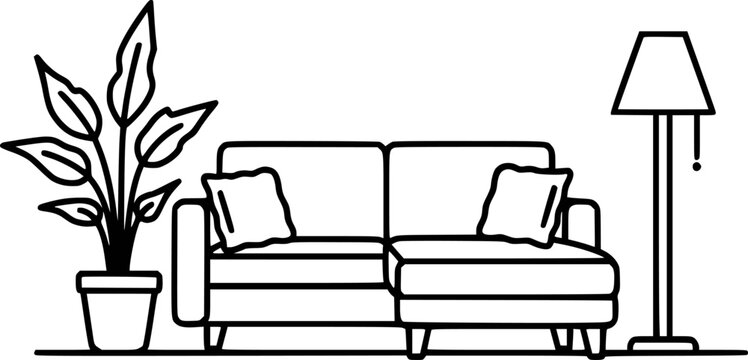 Minimalist line of a modern sectional sofa with potted plant and floor lamp couch