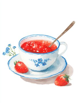 Watercolor teacup with strawberry jam isolated on white background