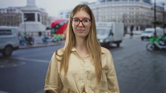 Young blonde woman wearing glasses adjusts hair with both hands on busy street beside red bus; thoughtfulness.