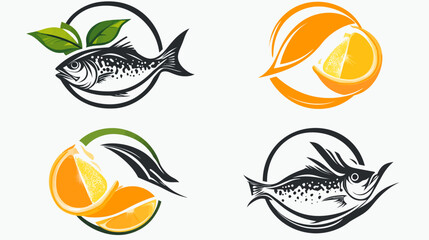 Fototapeta premium Four stylized illustrations, showcasing a fish and an orange, within circles, with leaves. Vector art