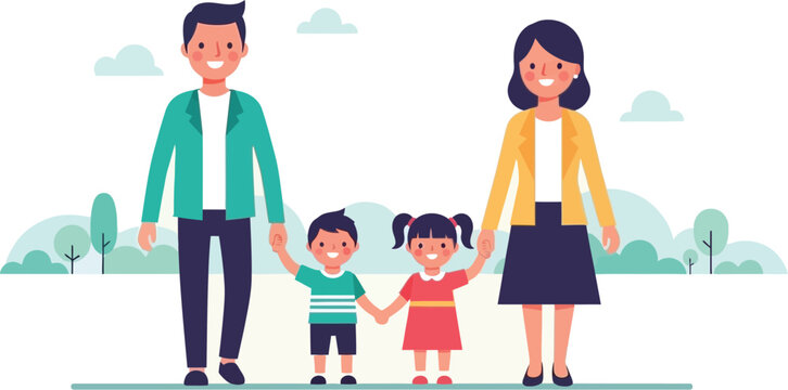 Happy nuclear family walks holding hands outdoors with soft green.