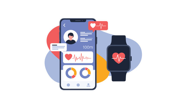 Health tracking and fitness app concept with a smartphone and smartwatch showing heart rate data, activity charts, and user profile.