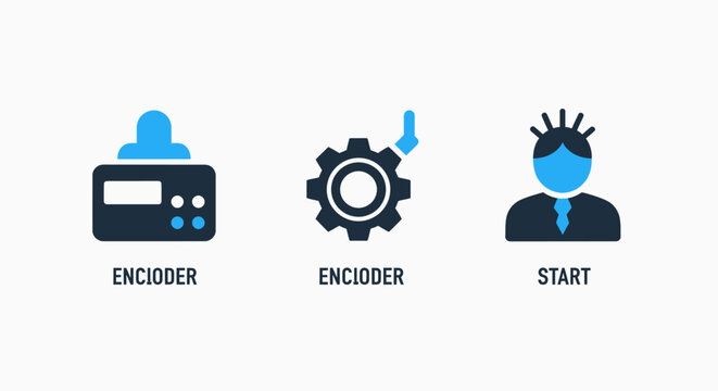 Technology icons: encoder, gear system, and user start - vector graphic