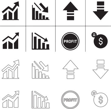Business growth and fall icon set. Vector symbols for increase and decrease trends in charts and graphs..eps