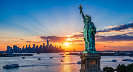 Statue of Liberty at sunset with New York City skyline © Nadeesha