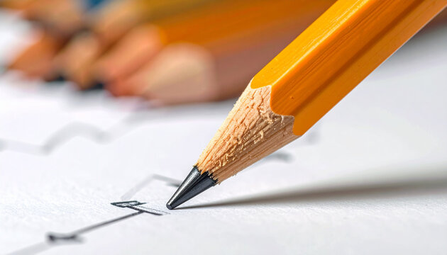 Close up of a yellow pencil on paper for writing or drawing tasks