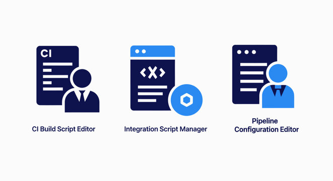 Technology icons: it script editor, integration manager, configuration editor with people symbols