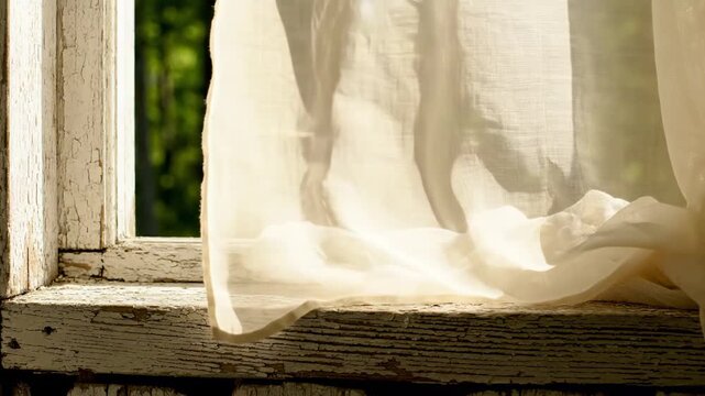 Serene Morning Breeze blowing through a rustic weathered window with sheer white curtains perfect for home decor and lifestyle storytelling.