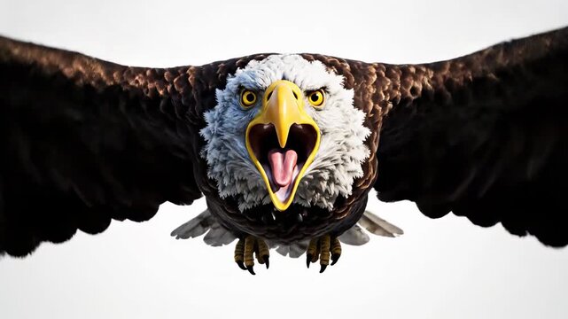 Majestic Bald Eagle in Flight Screeching with Wings Spread Against a White Background for Nature Documentaries and Patriotic Themes.