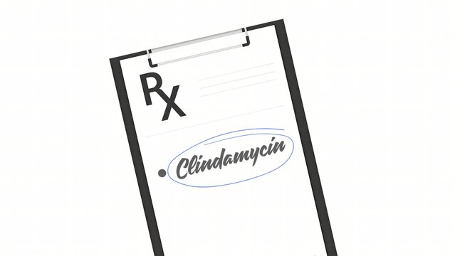 A medical prescription note featuring the drug Clindamycin written on a clipboard, representing antibiotic treatment and clinical healthcare documentation.