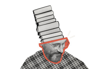 Composite photo collage of happy man cut head book stack education reader literature learner novel...