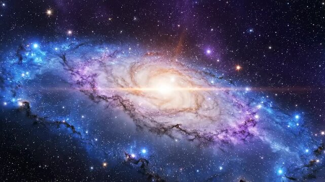 Majestic Spiral Galaxy with Glowing Core and Blue Cosmic Dust for Sci-Fi Backgrounds and Educational Space Documentaries.