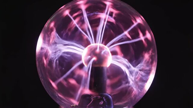Mesmerizing Plasma Ball with pink electric discharges inside a glass sphere against a black background, ideal for science education and futuristic technology concepts.
